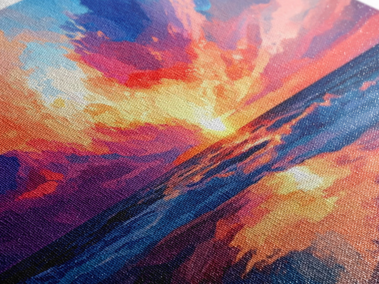 Sunset Beach, pink orange wall art, seascape painting, coastal wall art, panoramic art, ocean waves, extra wide art, Canvas Print