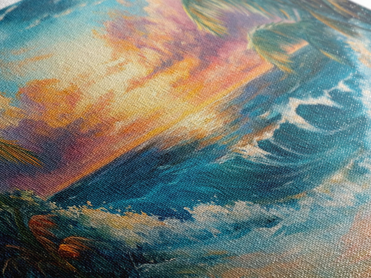 Tropical Waves, palm tree painting, Hawaii art, seascape painting, coastal decor, ocean painting, beach waves, Framed Canvas Print