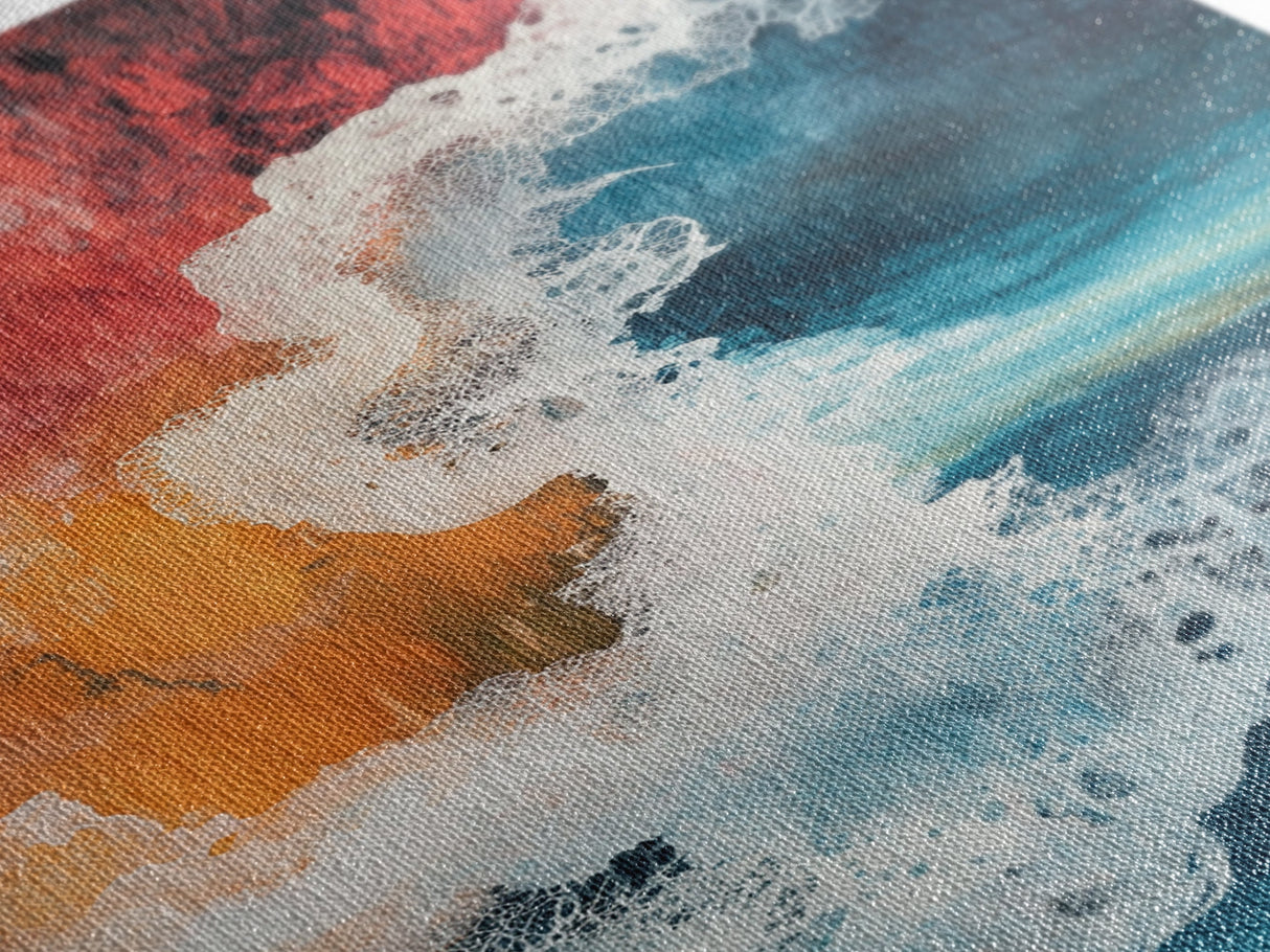 Fiery Ocean Wave, pink orange wall art, coastal landscape art, teal wall art, moody art, ocean abstract art, Framed Canvas Print
