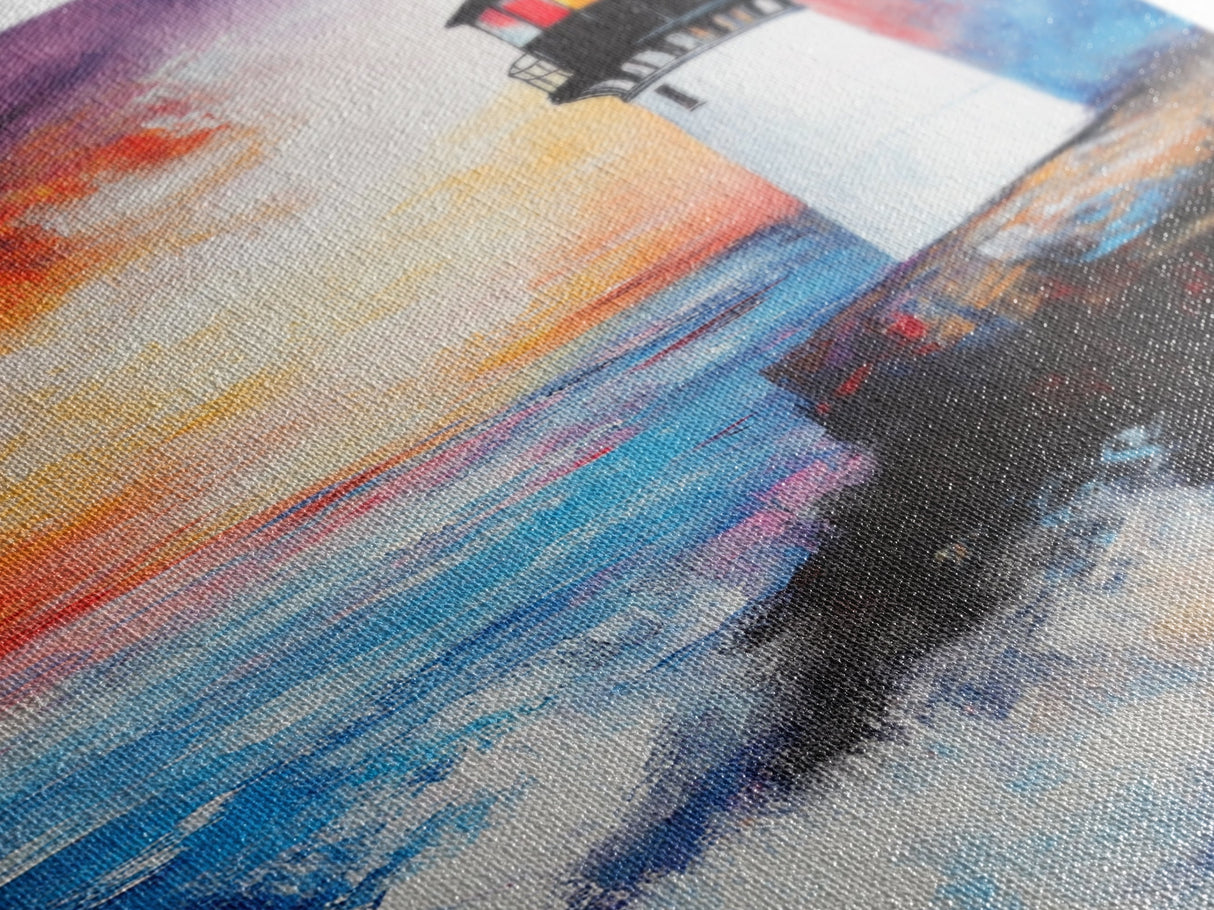 Lighthouse, Ocean, Sunset, Framed Canvas Print, coastal wall art, seascape painting, nautical painting, original painting, rustic decor