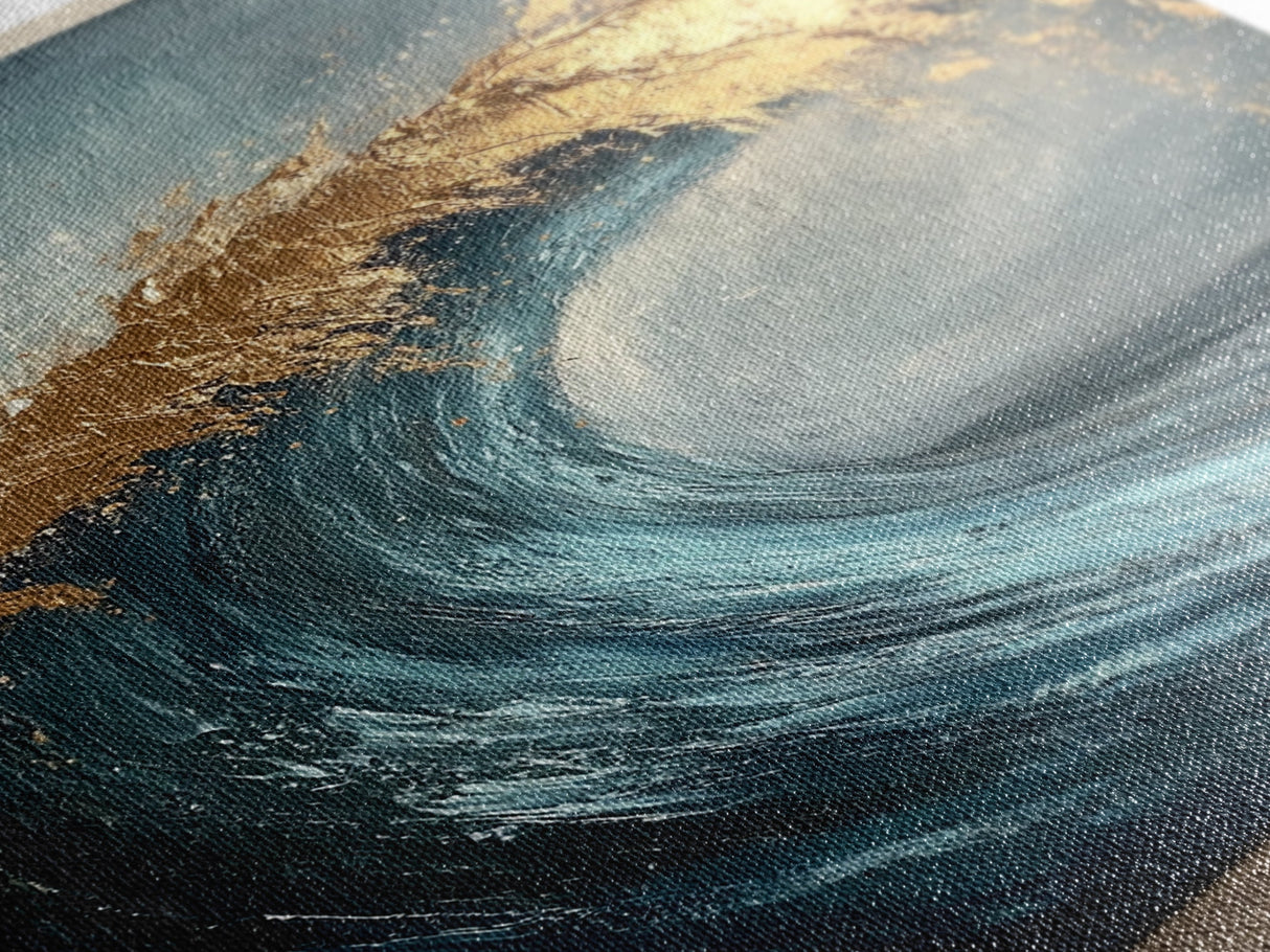 Majestic Ocean Wave Canvas Print Abstract Coastal Art, Gold and Blue Beach Wall Decor, Surfing Aesthetic, Living Room Accent
