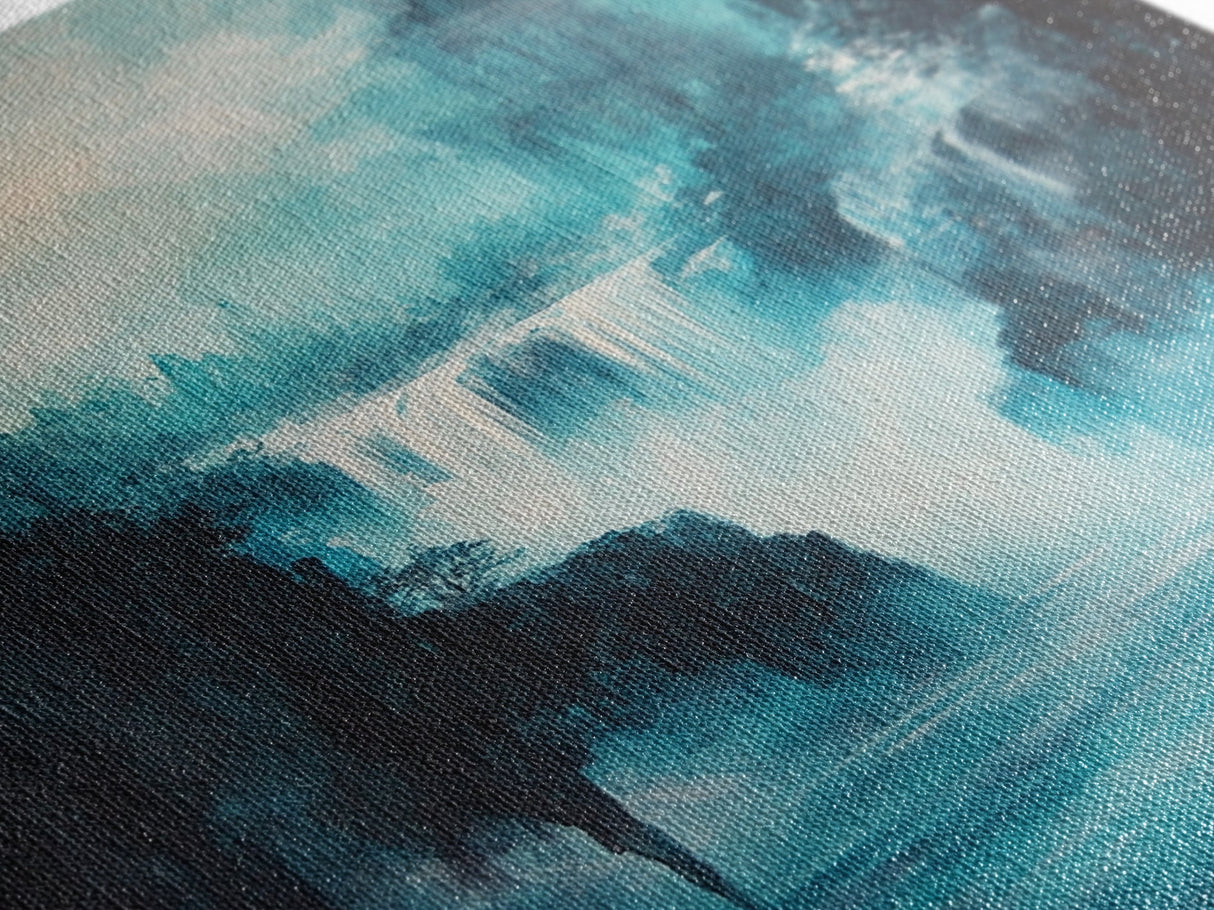 waterfall painting, landscape painting, framed canvas print, mountain painting, rustic wall art, blue and green wall art, gift idea