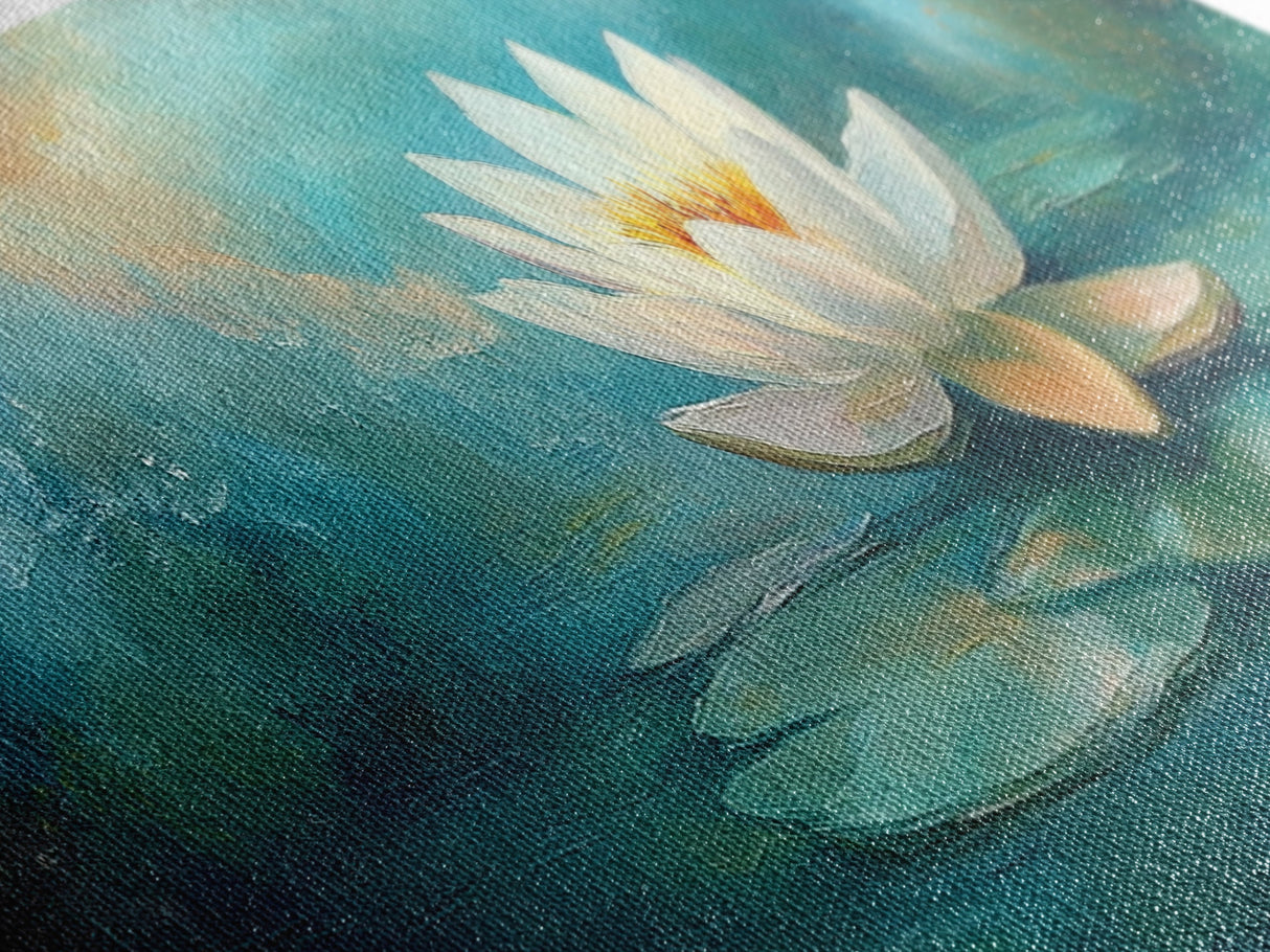 Lotus Flower, Tranquil Water, Canvas Print, Zen Wall Art, Meditation Room Decor, Calm Blue Painting, Bedroom Artwork, Boho Aesthetic