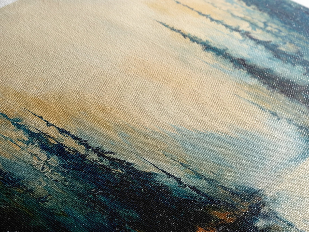Misty Forest Landscape Wall Art, Blue and Gold Nature Painting, Rustic Cabin Decor, Cozy Woodland Art, Fall Living Room Artwork