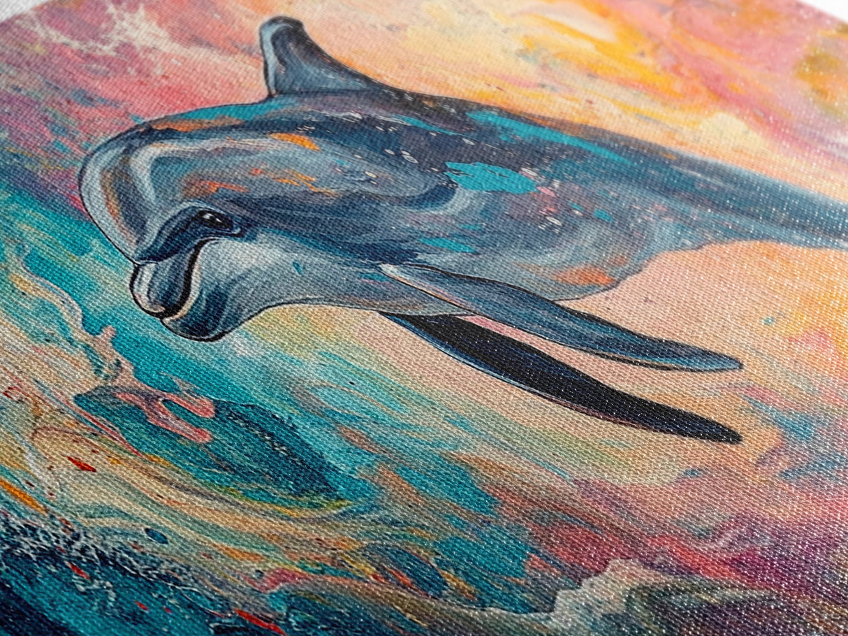 Playful Dolphin in Ocean Waves, Colorful Abstract Sea Life Art, Vibrant Marine Animal Painting, Coastal Home Decor