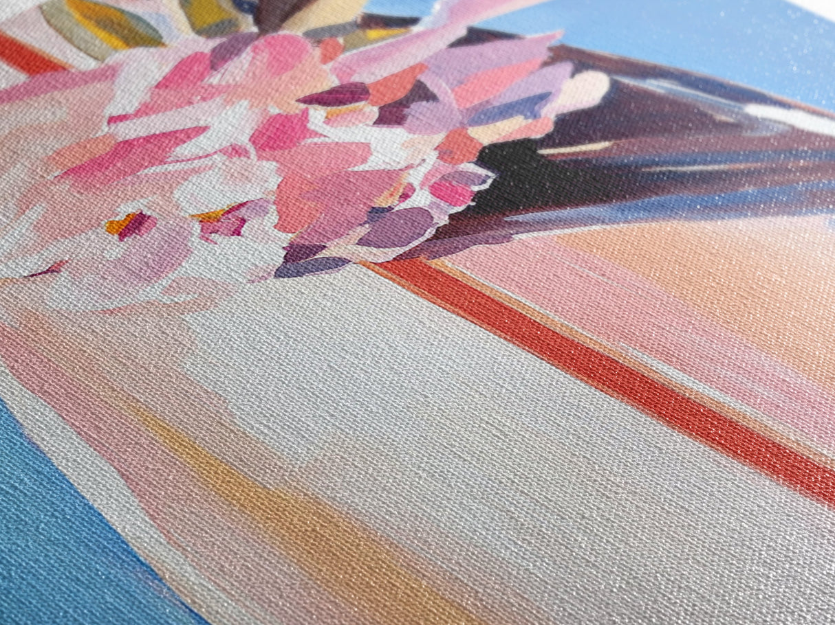 Surfboard Flowers, Tropical Boho Art, Framed Canvas Print, Coastal Wall Decor, Pastel Summer Painting, Beach Aesthetic, Minimalist Art