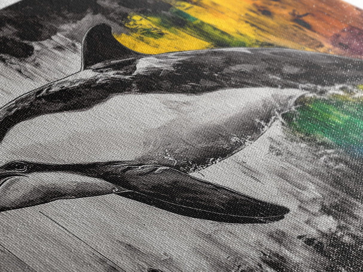 Dolphin Painting, Ocean Wildlife, Vibrant Colors, Coastal Wall Art, Black and White Animal Art, Framed Canvas Print, Beach House Decor