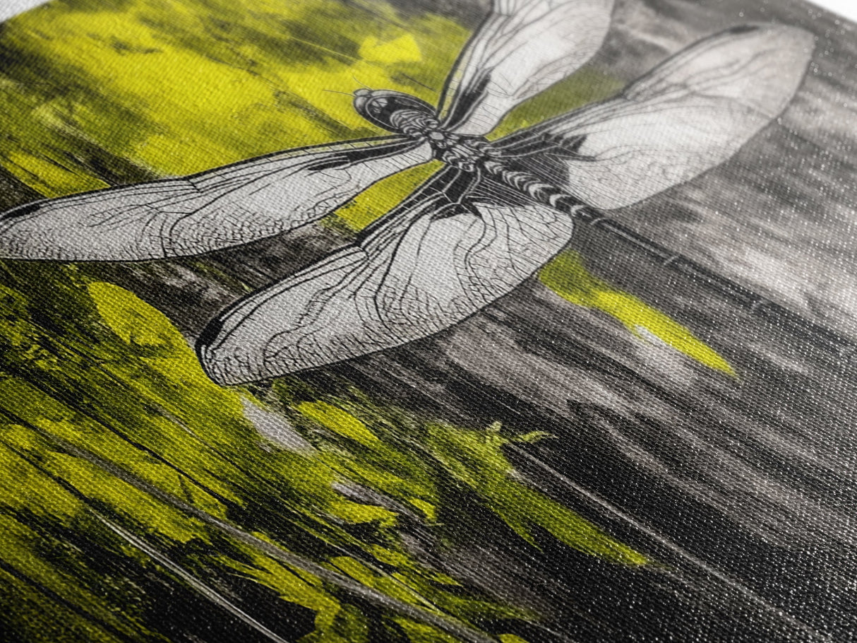 Dragonfly Art, Nature Insect, Modern Botanical, Black and White Sketch, Yellow Green Abstract, Framed Canvas Print, Bedroom Wall Decor