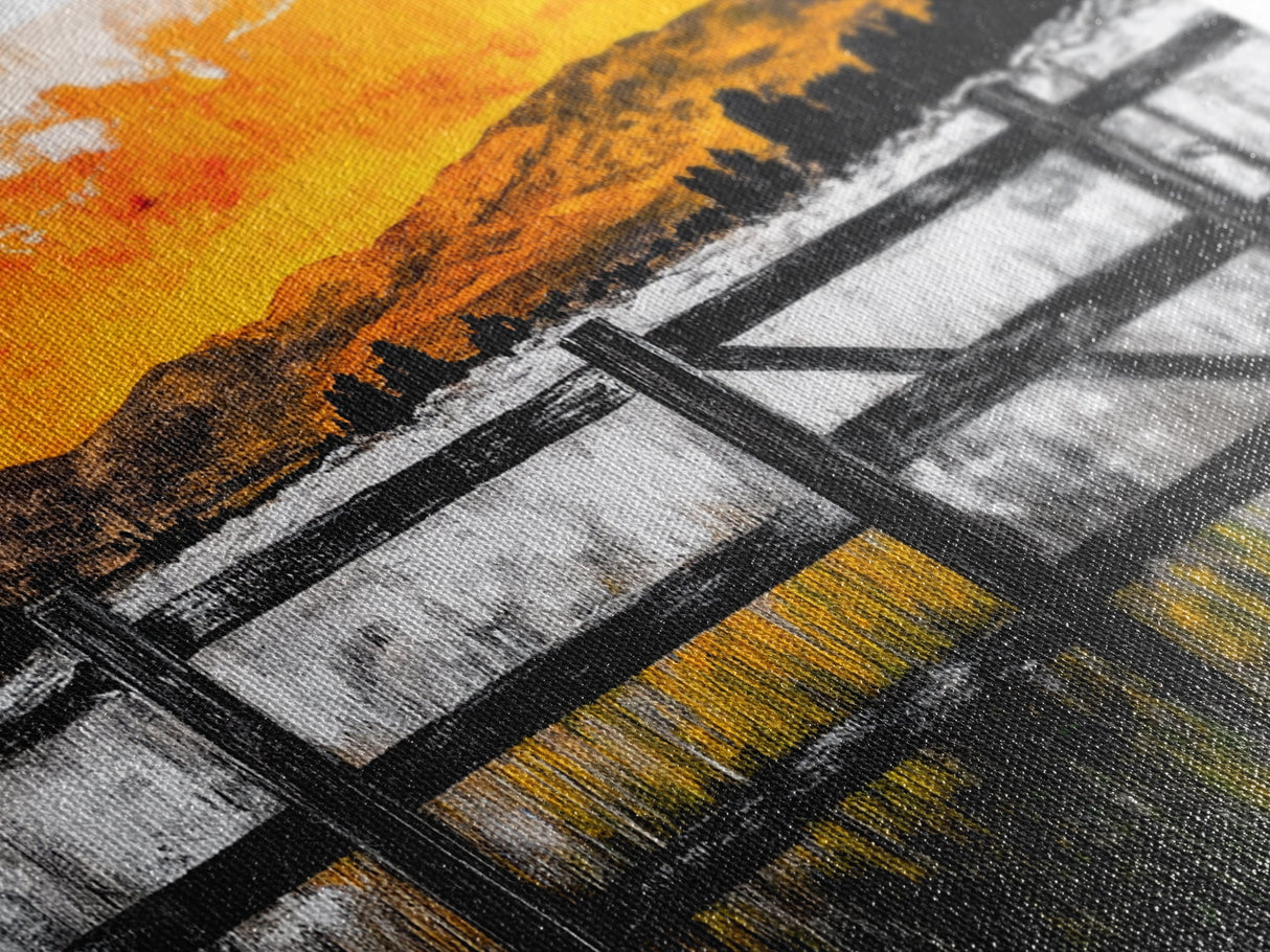 Sunset Fence, Mountain View, Rustic Canvas Print, Large Wall Art, Autumn, Farmhouse Painting, Framed Canvas Print, Moody Home Decor
