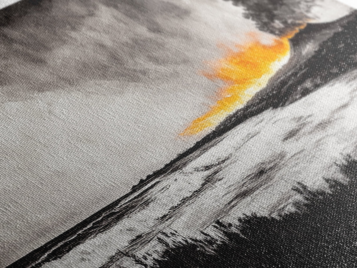 Volcano Eruption, Dramatic Landscape Art, Black and White Wall Art, Fiery Sunset Painting, Large Framed Canvas Print, Office Decor