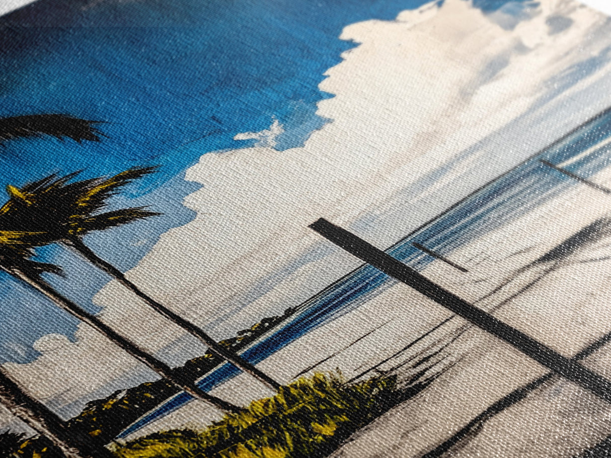 Palm Tree Beach Scene, Vibrant Blue Sky, Tropical Art, Coastal Landscape, Modern Ocean Wall Decor, Summer Home Artwork, Canvas Print