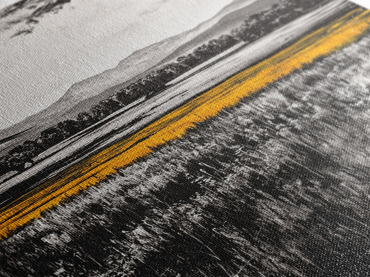 Golden Meadow, Black and White Landscape with Yellow Accents, Minimalist Nature Wall Art, Framed Canvas Print, Living Room or Office Decor