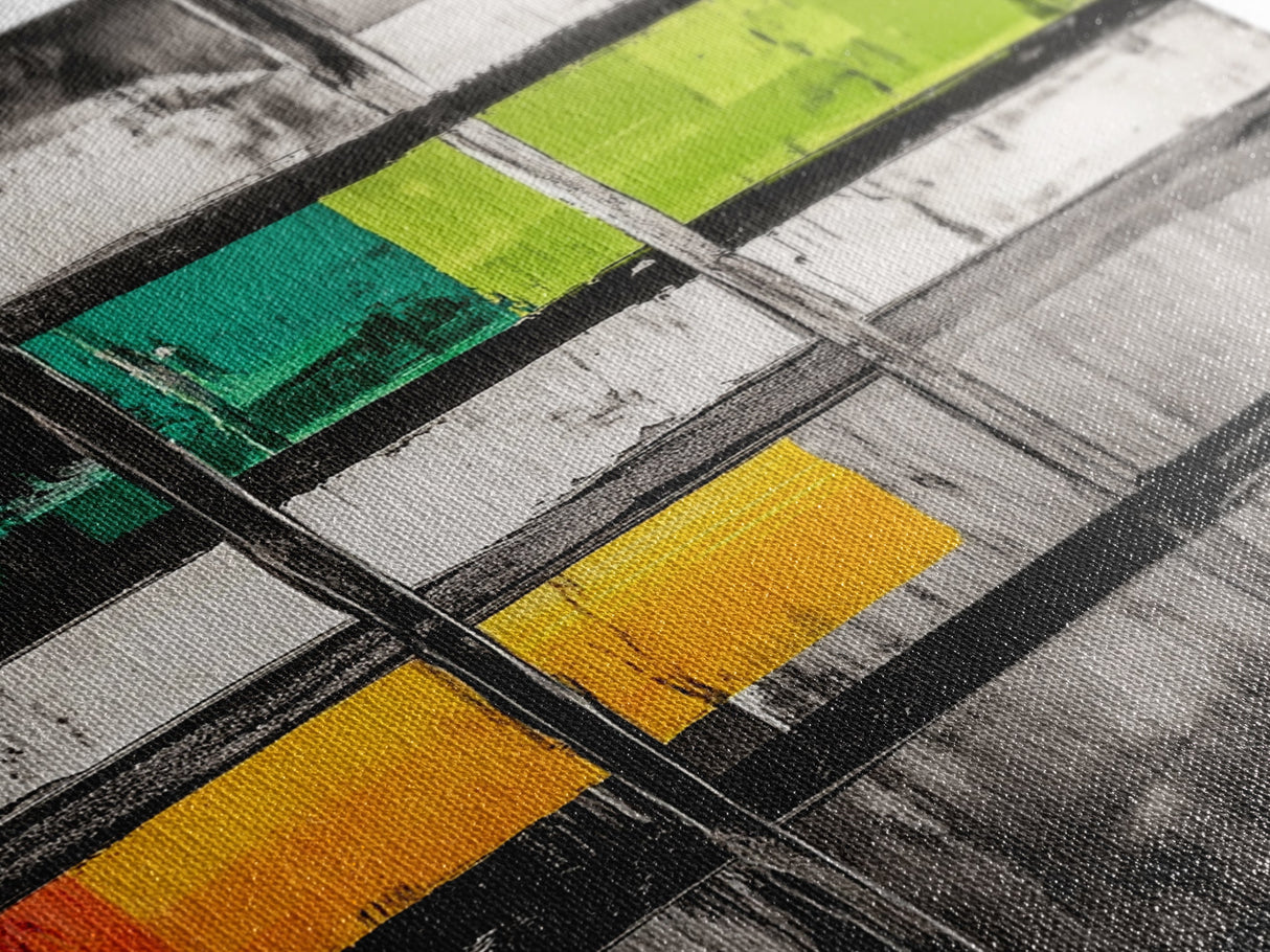 Modern Window Abstract, Black and White with Green and Yellow, Geometric Wall Art, Contemporary Interior Design, Framed Canvas Print