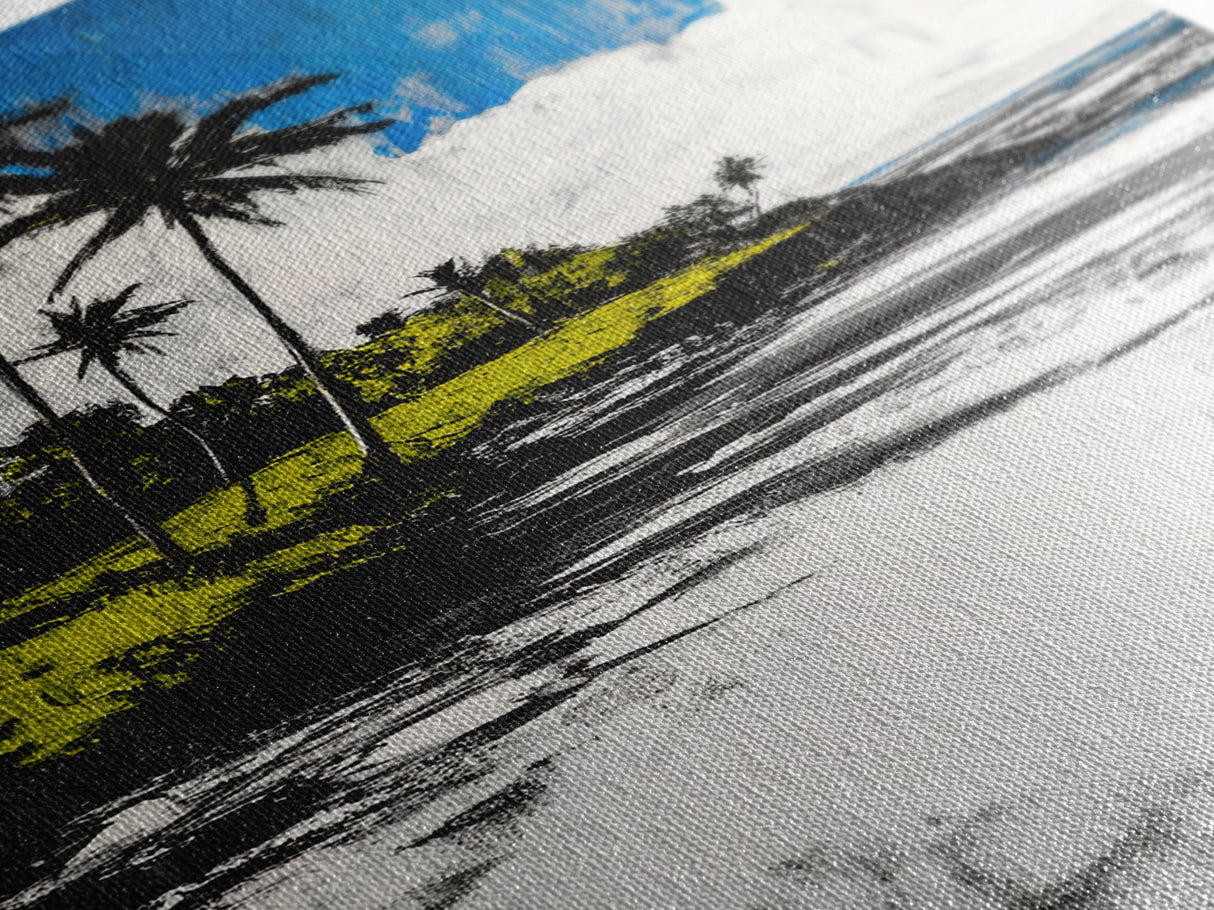 Tropical Beach, Palm Tree Art, Coastal Wall Decor, Canvas Print, Modern Seaside Artwork, Blue and Green Painting, Living Room Statement