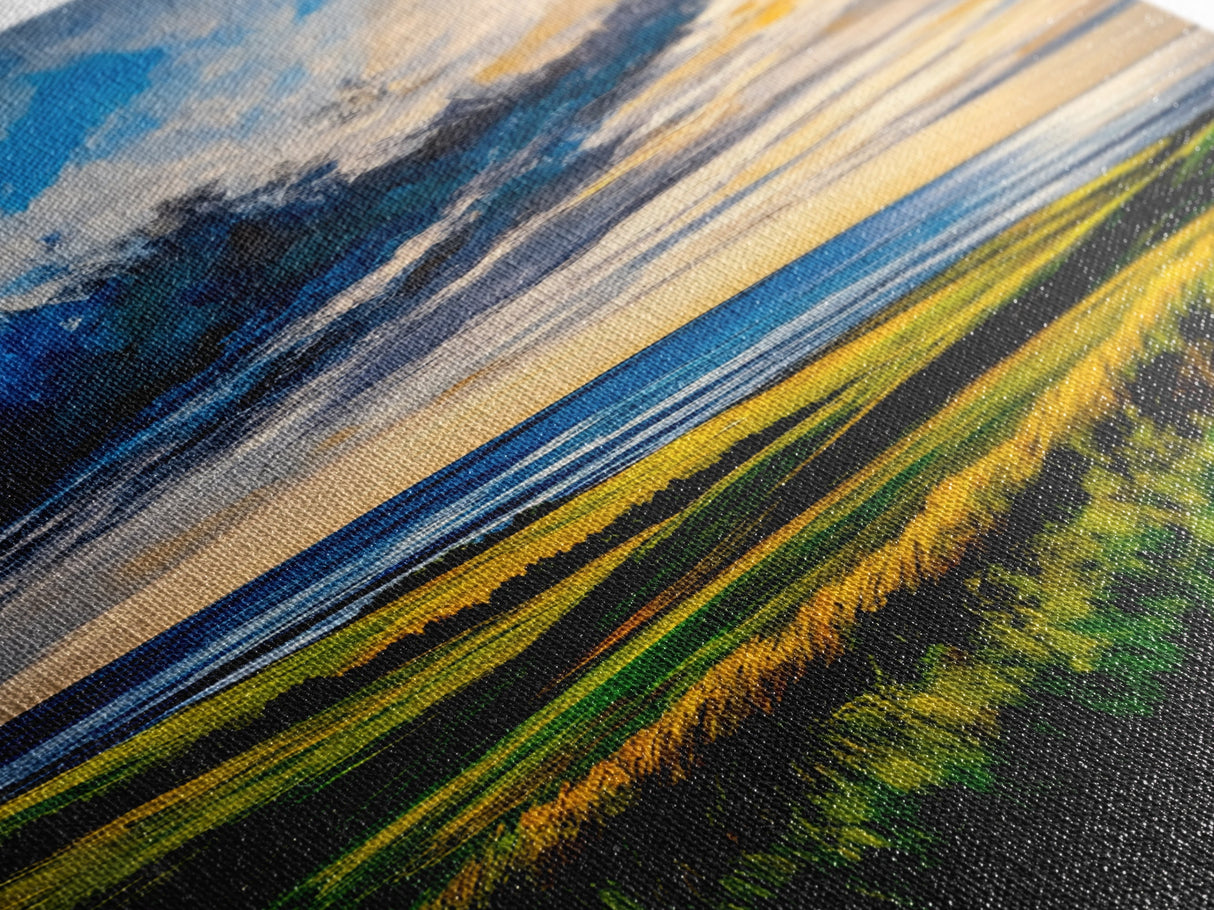 Sunset Over Hills, Coastal Fields, Dramatic Sky, Nature Wall Art, Framed Canvas Print, Vibrant Home Decor, Rolling Landscape, Ocean View