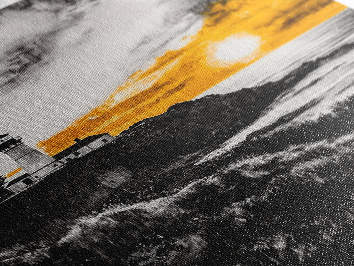 Lighthouse Sunset, Nautical Wall Art, Coastal Painting, Canvas Print, Orange and Black Artwork, Ocean Home Decor, Beach House Design