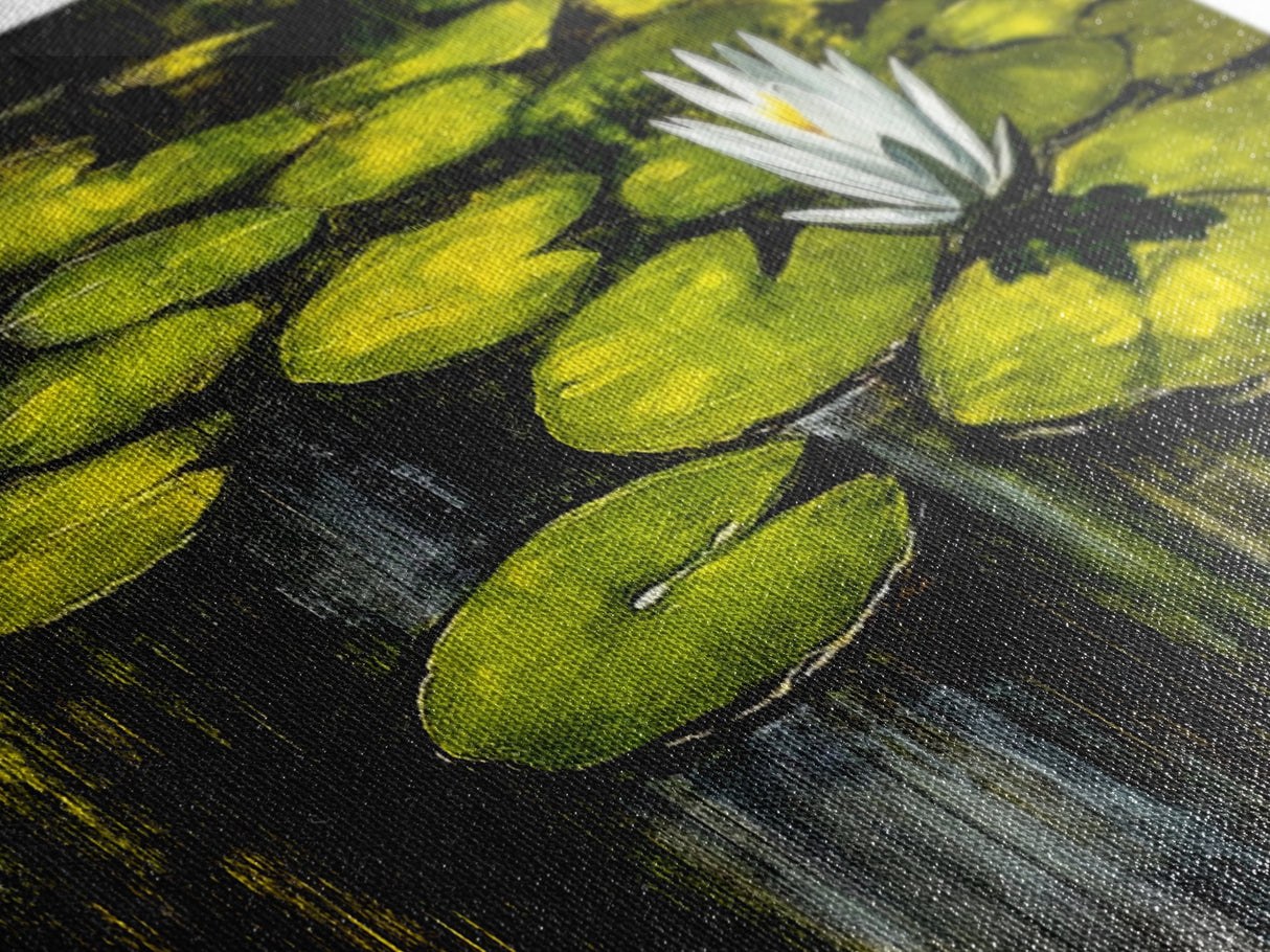 Water Lily Pond, Tranquil Nature Art, Green Botanical Art, Zen Wall Art, Framed Canvas Print, Office Decor, Relaxing Home Art, Spa Wall Art