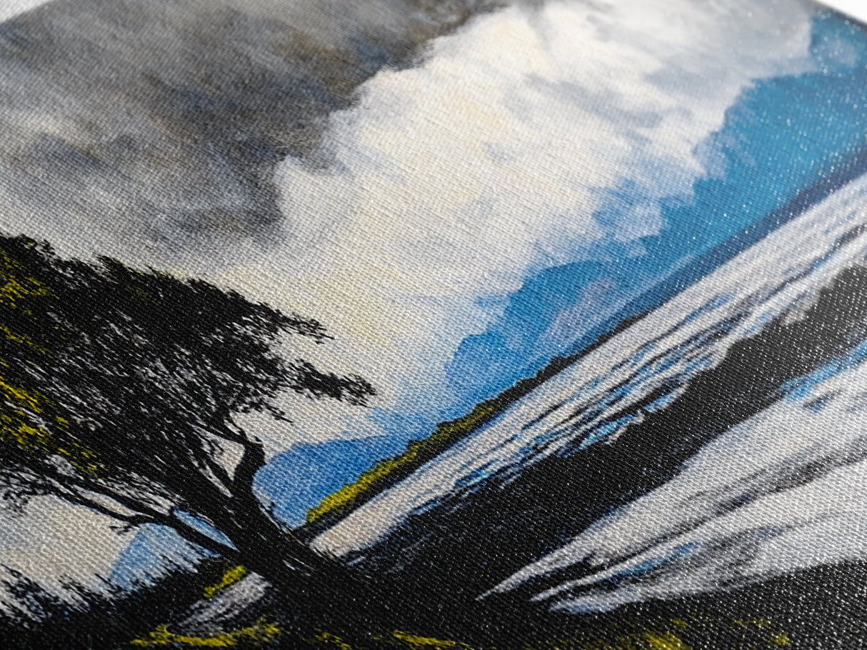 Stormy Landscape, Dramatic Tree Art, Coastal Wall Art, Nature Inspired Decor, Framed Canvas Print, Living Room Art, Moody Wall Art, Blue Tones