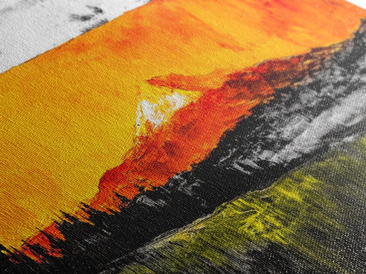 Fiery Peaks, Mountain Sunset, Landscape Painting, Framed Canvas Print, Rustic Home Art, Living Room Decor, Bold Wall Art