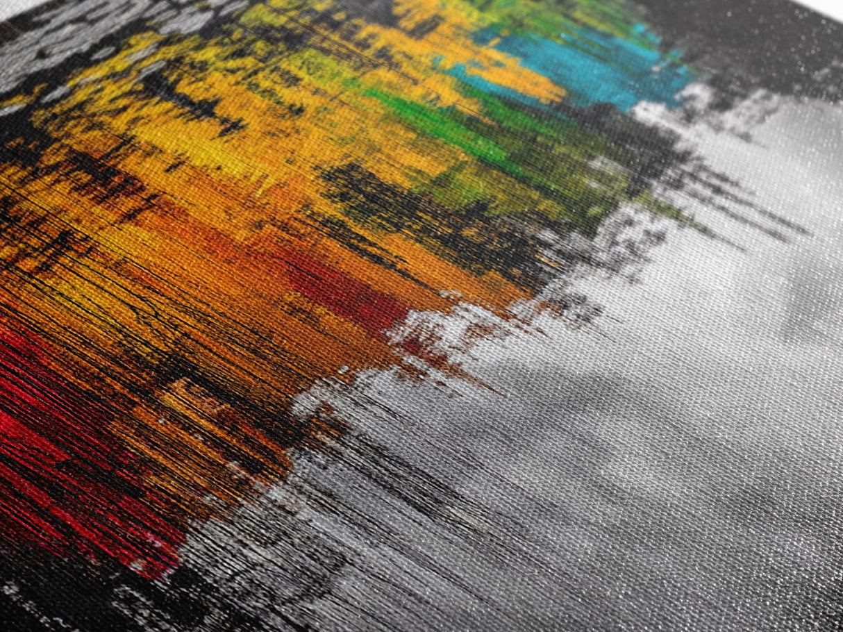 Colorful Reflection, Abstract Water Art, Nature Painting, Autumn Trees, Vibrant Colors, Black and White Contrast, Canvas Print