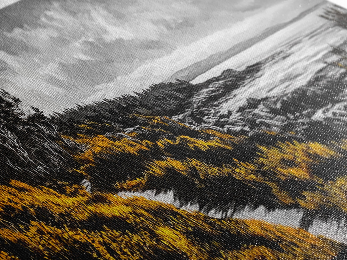 Forest Path, Autumn Vibes, Black White Yellow, Canvas Print, Rustic Landscape Art, Warm Fall Decor, Cozy Home Artwork