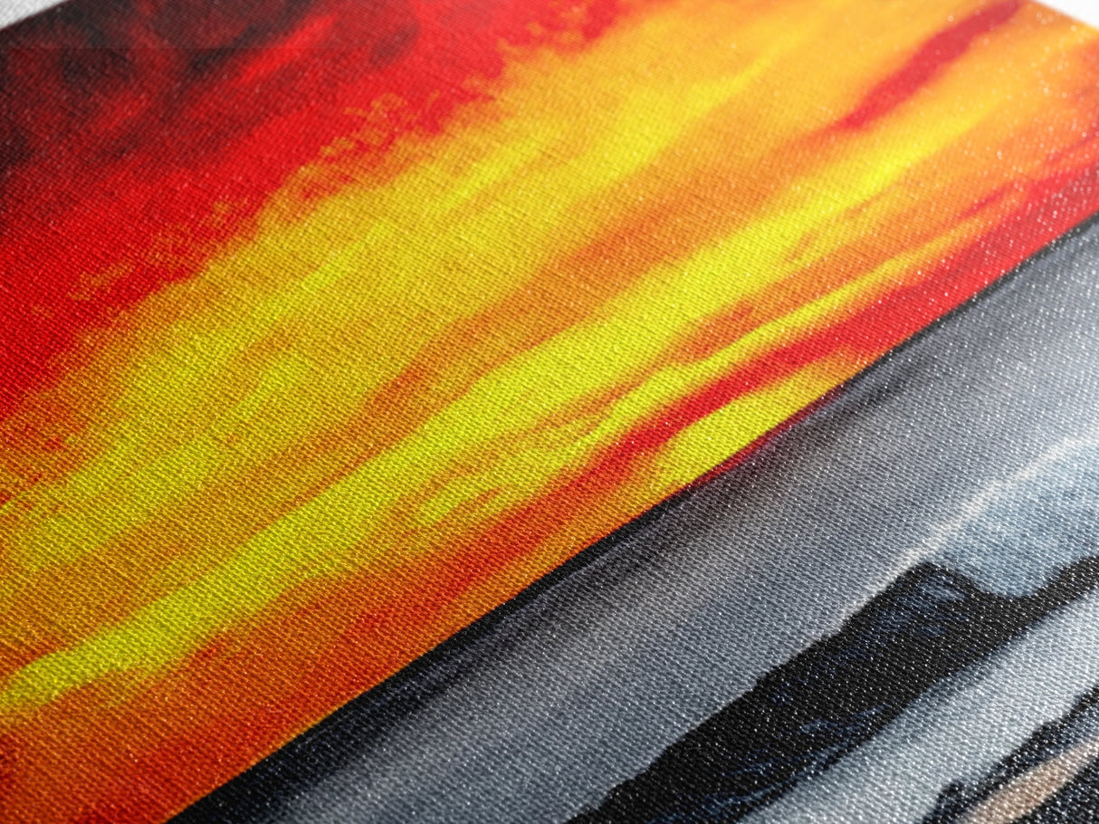 Fiery Sunset Seascape, Dramatic Ocean Painting, Bold Sunset Wall Art, Beach Vibes Decor, Coastal Home Art, Bedroom Wall Artwork, Canvas Print