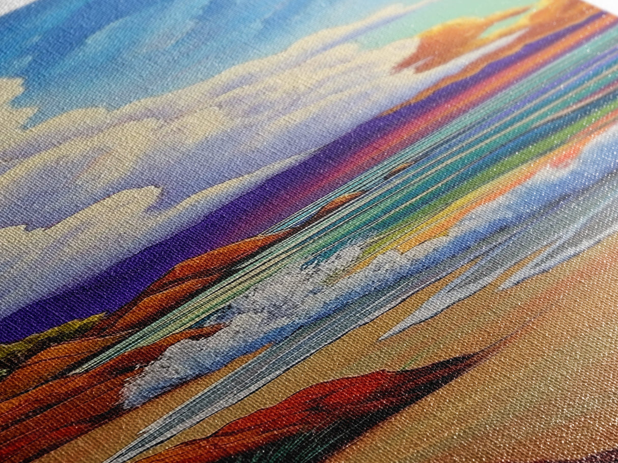 Peaceful Shoreline, Colorful Sunset, Framed Canvas Print ocean waves art, colorful sunset beach painting, vibrant sky seascape, nature art