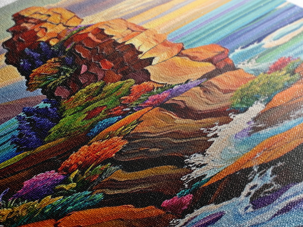 Cliff, Ocean, Wildflowers, Waves, Framed Canvas Print, Coastal nature wall art, vibrant landscape decor, colorful living room painting