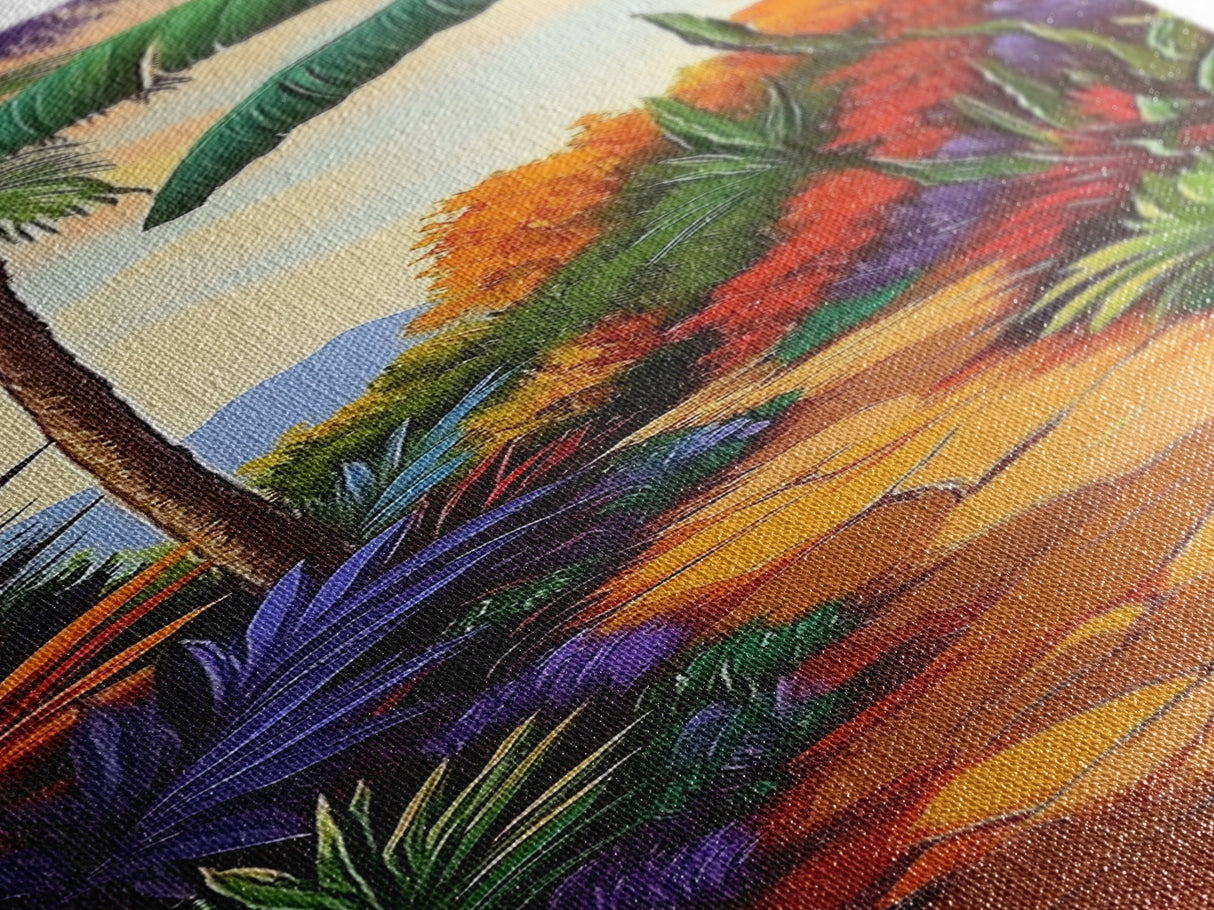 Tropical Pathway, Palms, Jungle Walkway Framed Canvas Print, Bohemian Wall Art, Bedroom Botanical Decor, Vibrant Nature Illustration