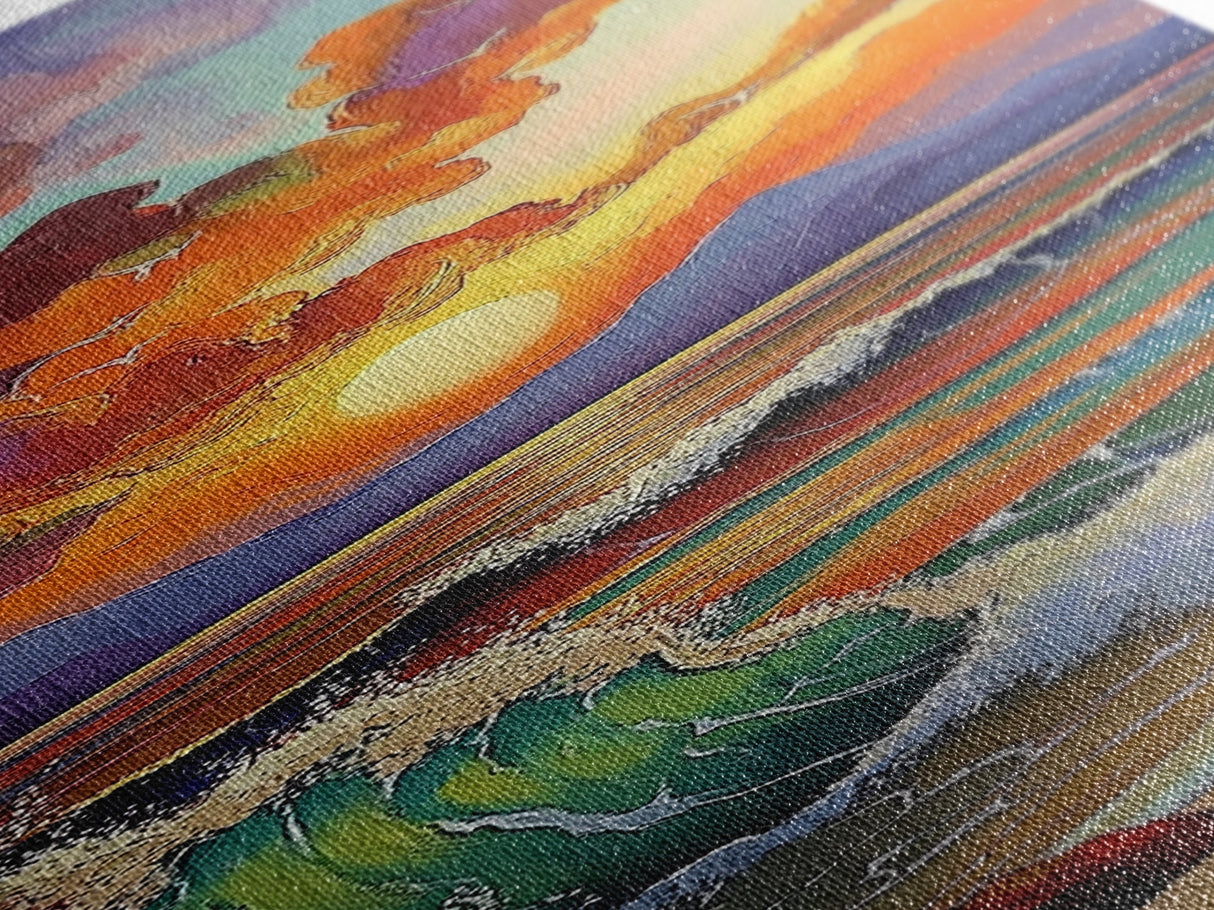 Sunset Seascape, Waves, Ocean Framed Canvas Print vivid wave crashing art, colorful sky landscape, modern coastal art, beach house decor