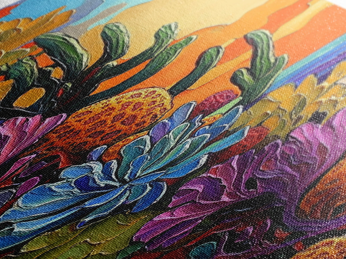Sunset Desert Plants Cactus, Canvas Print Autumn desert landscape art, bohemian southwest vibes, living room wall art, bold nature textures