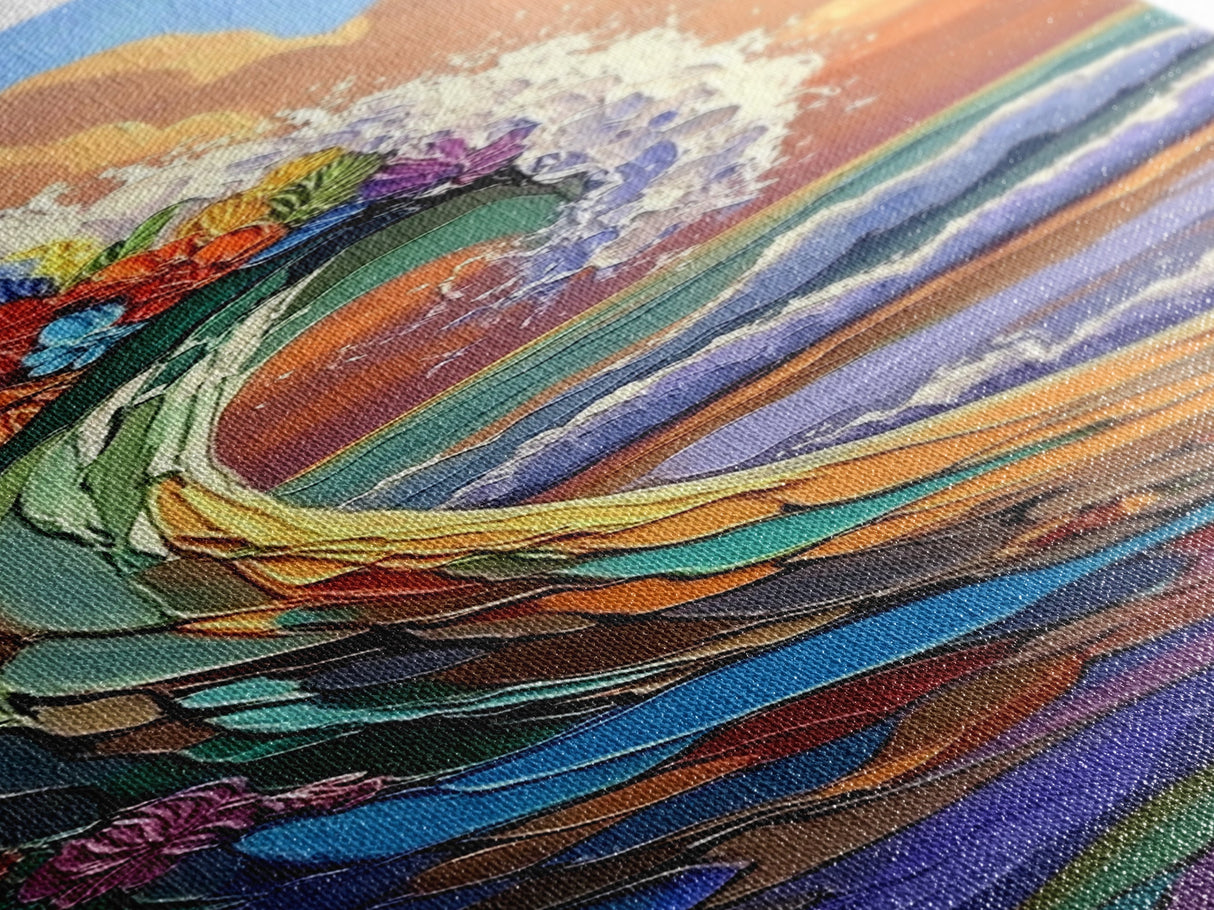 Wave Flowers, Ocean Motion, Canvas Print, Vibrant seascape wall art, tropical wave painting, boho coastal living room decor, sunset surf vibe