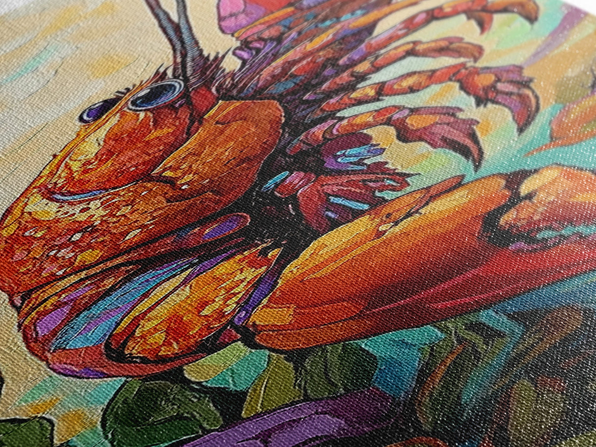 Lobster, Vibrant, Bold, Sea, Framed Canvas Print, seafood kitchen art, tropical home decor, coastal dining room, whimsical ocean painting