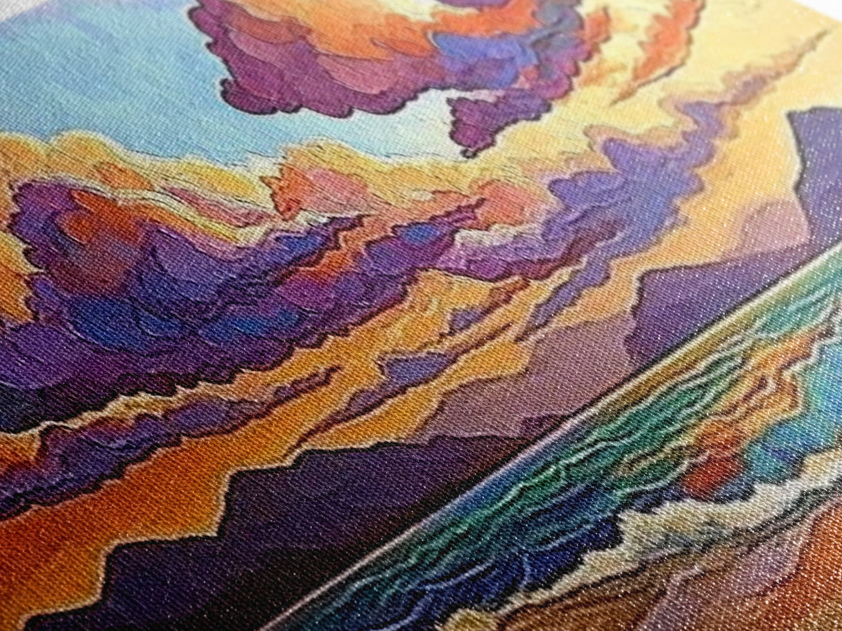 Colorful Sunset, Clouds, Mountains, Framed Canvas Print vibrant beach wall decor, sky and sea painting, boho art, coastal living room