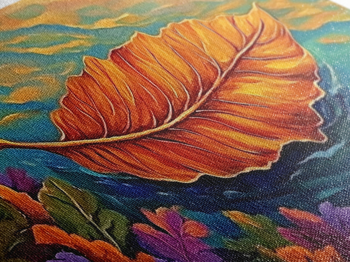 Leaf, Autumn, Floating, Nature, Framed Canvas Print, Fall themed leaf painting, cozy seasonal decor, rustic kitchen wall art