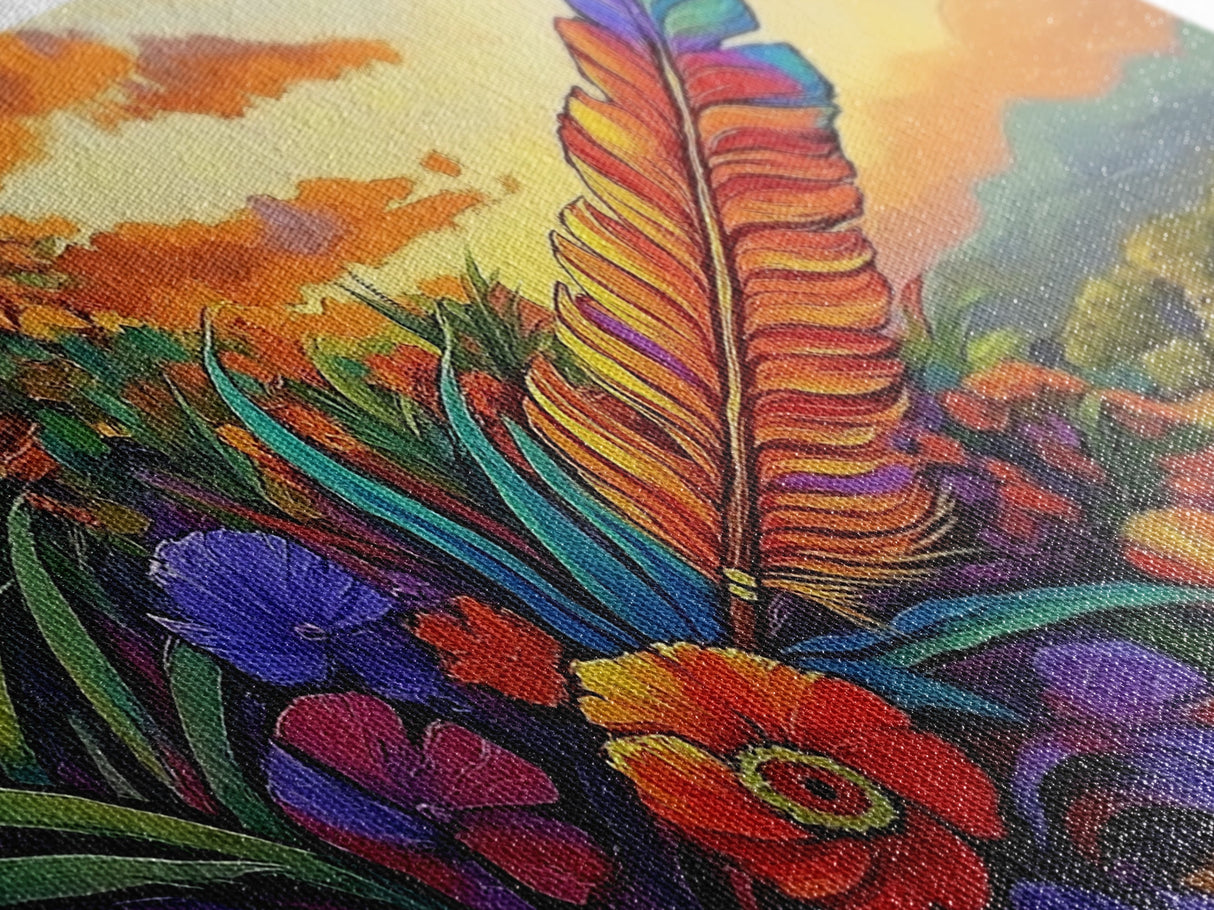 Feather Sunset, Flowers, Nature, Framed Canvas Print, Boho Feather Wall Art, Fall Home Decor, Living Room Autumn Art, Nature Painting