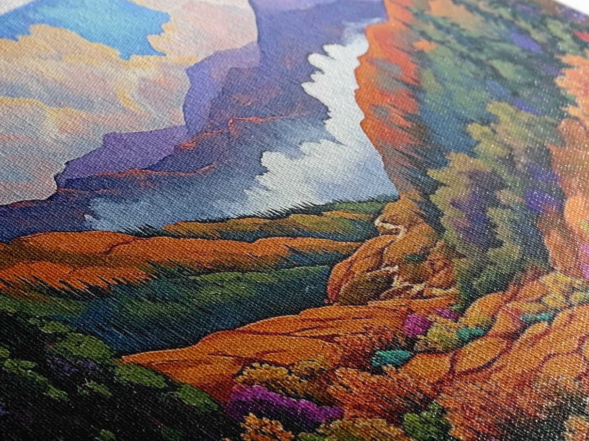 Mountain Valley, Wildflower Trail, Sunset Pathway, Canvas Print, Boho Wall Art, Bedroom or Hallway Decor, Vibrant Nature Painting