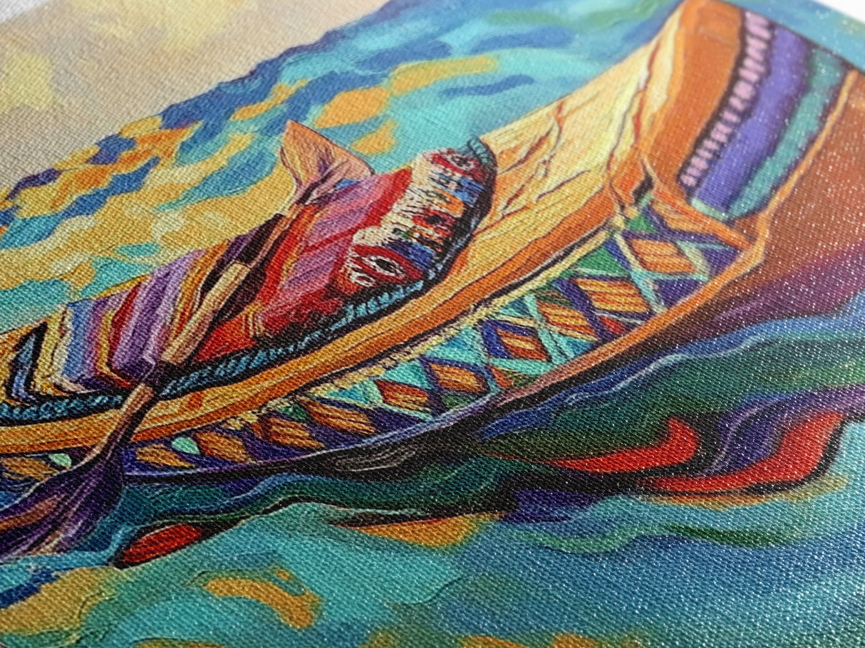 Canoe Water, Colorful, Tribal, Canvas Print, boho kayak art, nautical decor, beach house wall art, rustic folk painting, summer vibe