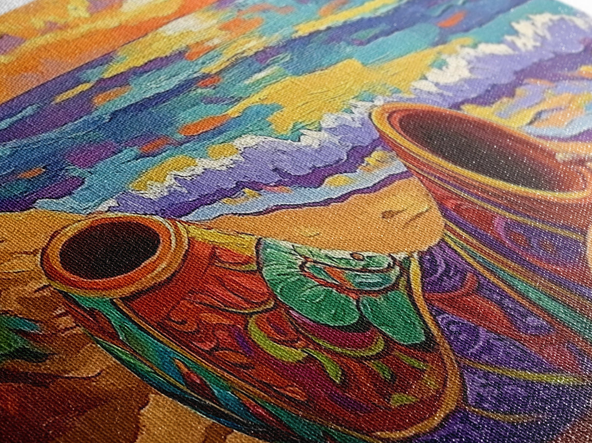Horn Sand, Sunset, Shore, Framed Canvas Print boho beach decor, living room Mexican art, coastal horn painting, rustic folk art