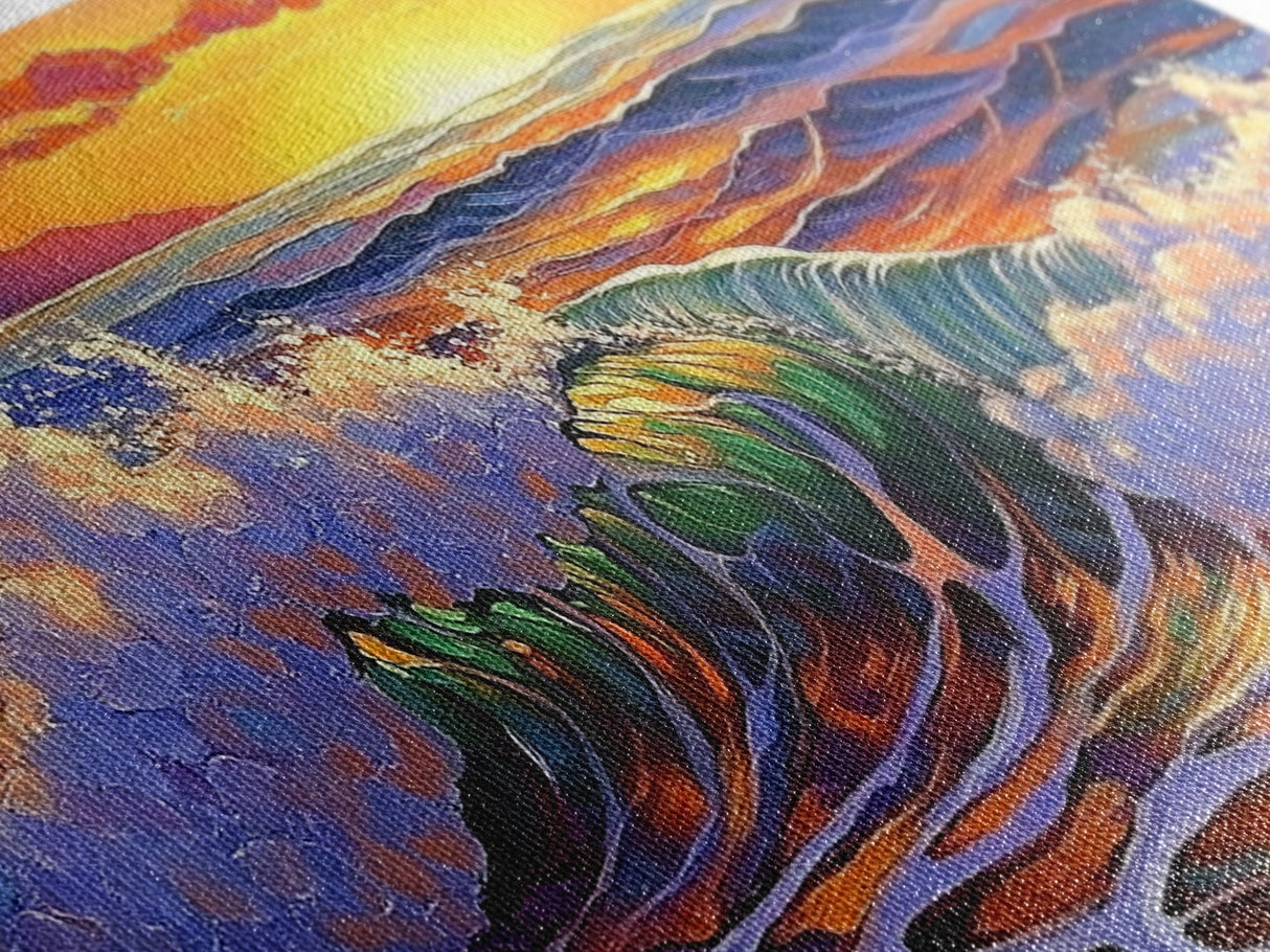 Wave Ocean, Sunset, Surf, Framed Canvas Print, tropical wave wall decor, surf boho art, vibrant beach bathroom or office wall art