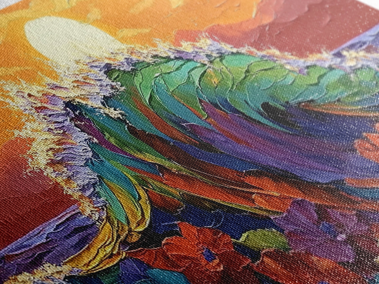 Sunset Wave, Floral, Ocean, Canvas Print, Tropical beach flower art, vibrant ocean wave decor, living room painting, sunset seascape