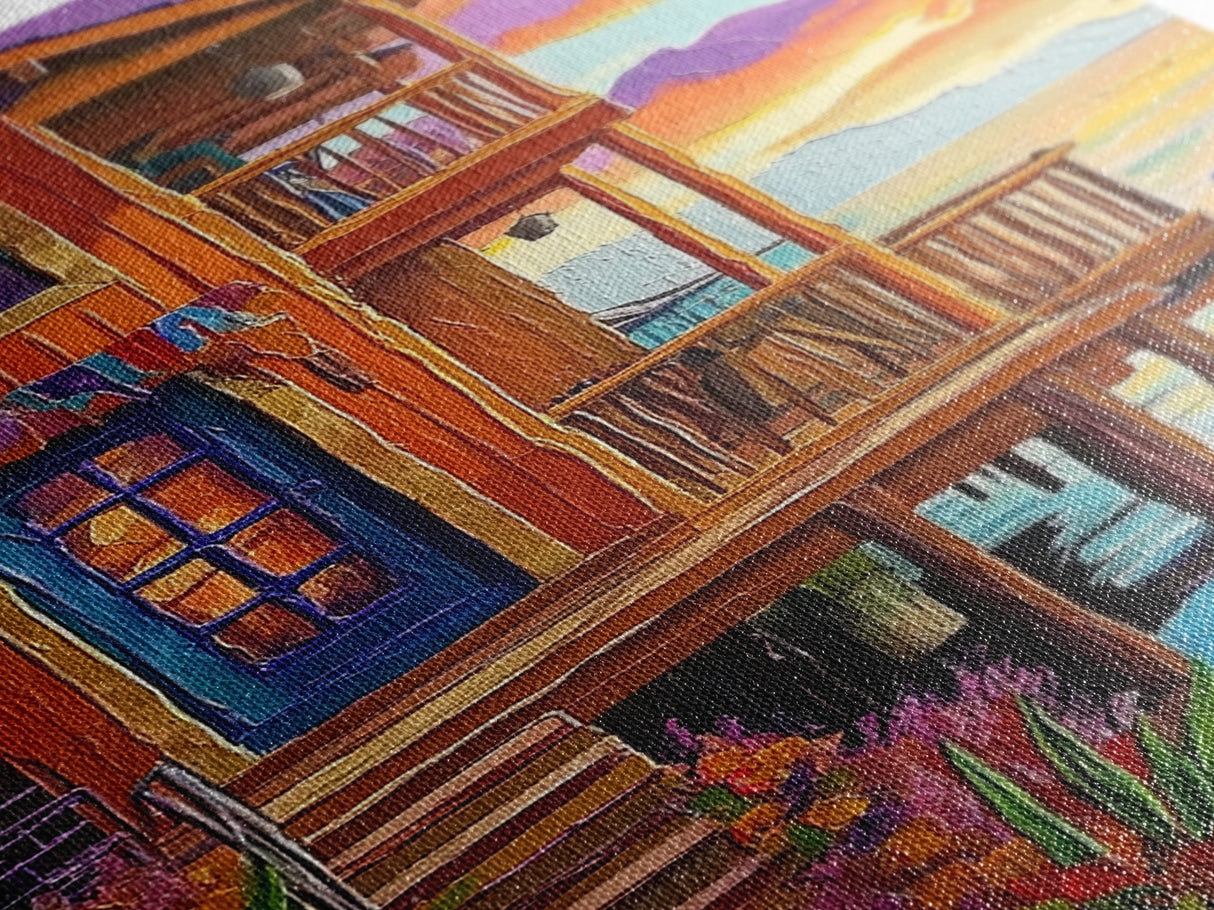 Tropical Sunset, House, Dock, Framed Canvas Print vibrant coastal house wall art, beach wall decor, sunset painting, tropical room decor