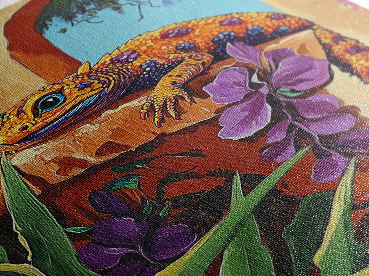 Gecko Tropical, Garden, Framed Canvas Print, Colorful Lizard Art, Desert Wall Decor, Nature Inspired Boho Art, Bathroom art, Patio Wall Art