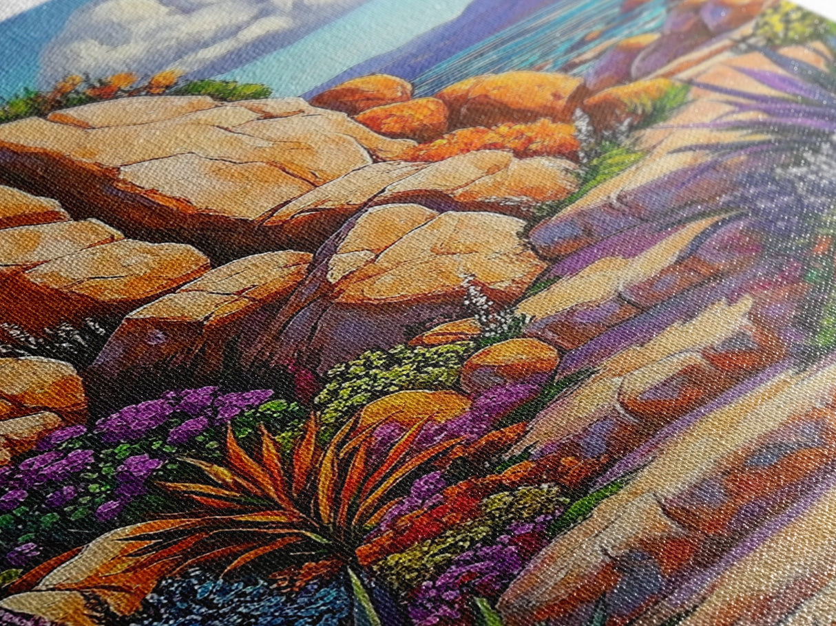 Rocky Pathway, Flowers, Framed Canvas Print, Vibrant Desert Trail Art, Colorful Landscape Wall Decor, Boho Living Room Wall Art
