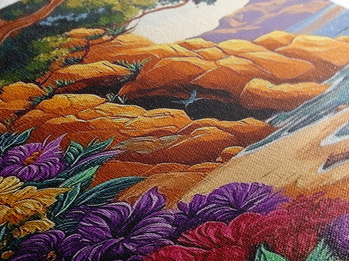 Cave Beach, Flowers, Framed Canvas Print, Coastal Landscape Wall Art, Colorful Boho Nature Decor, Living Room art, Office Wall Art