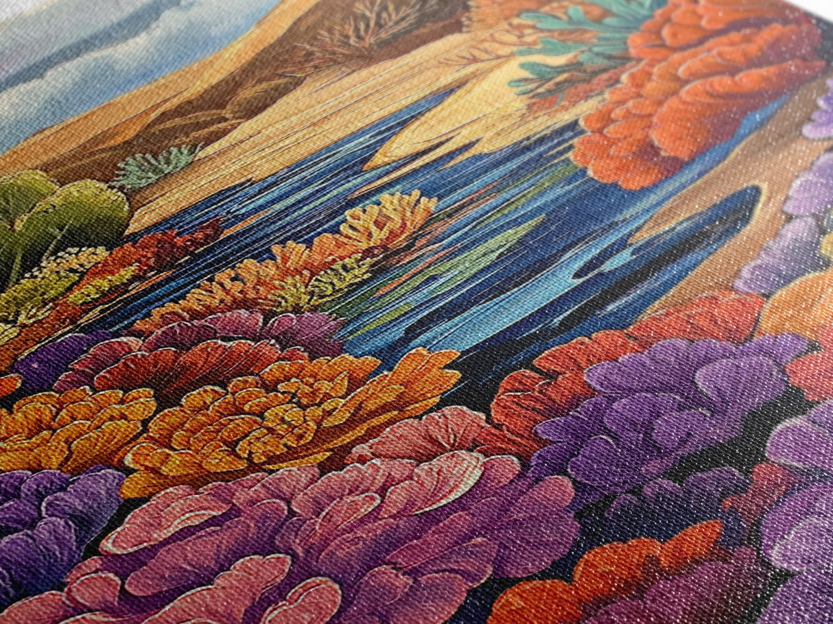 River, Desert, Floral, Art, Canvas Print, Colorful floral river scene with desert hills, perfect bedroom or hallway Southwestern wall art