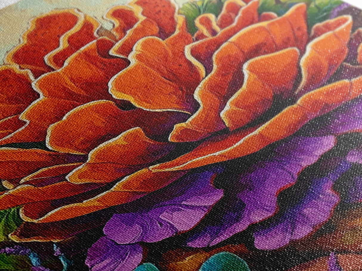 Succulent, Cactus, Orange, Purple, Framed Canvas Print, Bold desert succulent bloom art in orange and purple, living room statement piece