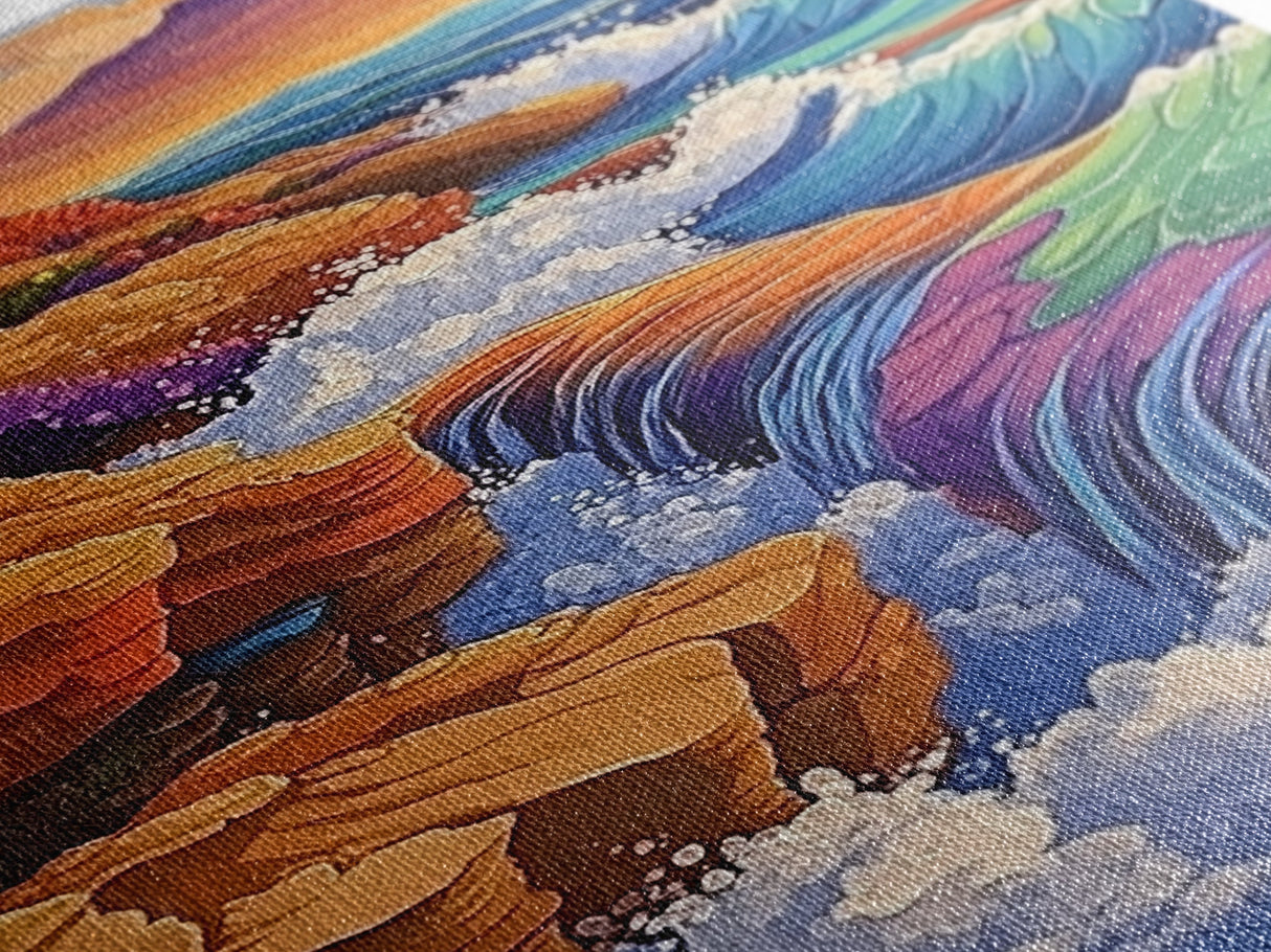 Waterfall Ocean, Rocks, Waves, Canvas Print, Vibrant ocean waterfall over rocky cliffs with colorful waves, ideal coastal living room