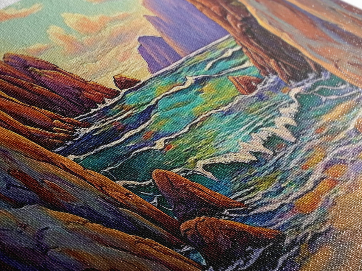 Rocky Cove, Sunset Ocean, Wave Art, Coastal View, Framed Canvas Print, Bathroom Wall Art, Earth Tones, Seascape Canvas Decor