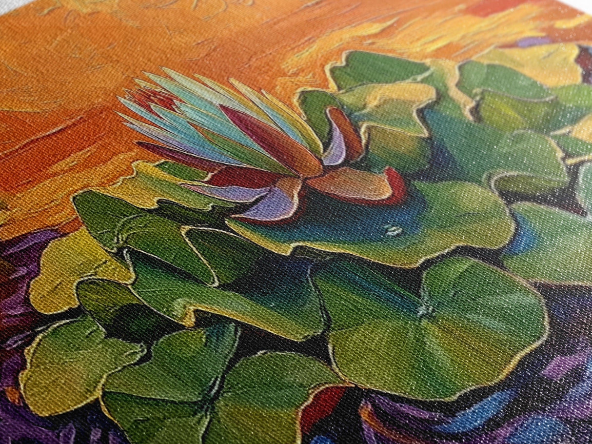 Lotus Flower, Serene Sunset, Water Lily, Zen Art, Framed Canvas Print, spa wall decor, yoga room art, calming peaceful painting